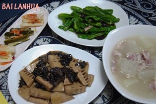 ナマコと竹の子の炒め煮＆豚肉と冬瓜のスープ＆シシトウと生椎茸の炒めもの